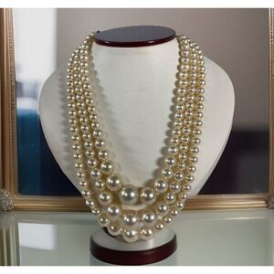Faux Pearls Necklace Art Deco 3 Strand Graduated 10” Choker Style 16” Length Vtg
